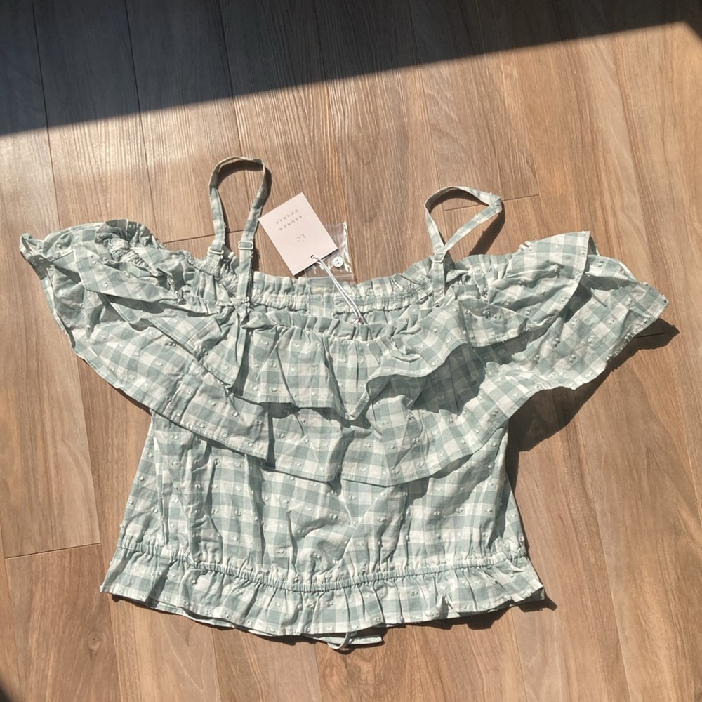 LC Lauren Conrad off the shoulder textured check w ruffle top L - Picture 13 of 16